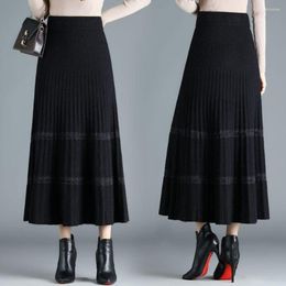 Skirts Women 2023 Autumn Winter Fashion Knitted Pleated Skirt Female Elastic High Waist A-Line Sweater Lady Casual Midi C63
