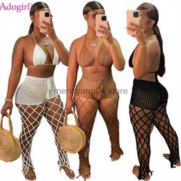 Women's Two Piece Pants Adogirl Hand Crochet Two Piece Set Summer Beach Outfits Women Sexy Lace Up Bra Top Hollow Out Fishnet Tassel Pants Vacation Suit T230512