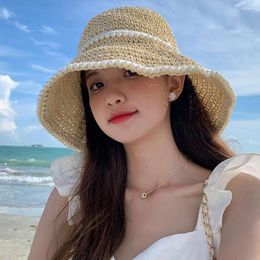 Wide Brim Hats Summer Women Straw Cap Bucket Hat Folding UV Protection Sun Visor Pearl Panamas Seaside Beach Tide