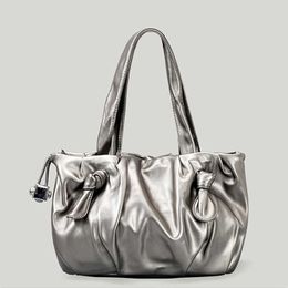 Evening Bags Woman New Metallic Gray Drawstring Laser Leather Pattern Handbag Pu Crossbody Shoulder Spring 2023 230427