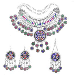 Серьги ожерелья устанавливают женщины Цыган Красочная Кристаллическая прическа Античтная монета Винтажные турецкие этнические украшения