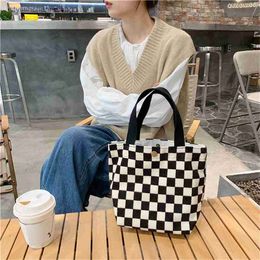 Shopping Bags Cute Women Handbags Small Geometric Checkerboard Grids Canvas Tote Shoulder Bag Eco Shopping Bags Fashion Lunch Bag