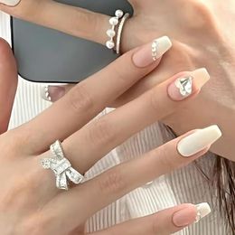 False Nails 24Pcs/Set 2023 Love Diamonds White Press On Nail Art Wearable Fake Tips With Glue Sticker Wearing Tools