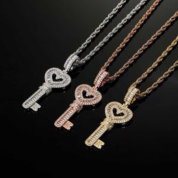 Super Flash Ins Lock Bone Chain Heart Key Pendant Necklace Tidal Square Diamond Premium Fine Quality Iced Out Baguette Cubic Zirconia CZ Stone Colar Gift For Women