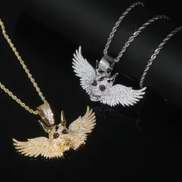 Iced Out Wing Skull Pendant Necklace Bling CZ Cubic Zirconia Paved Punk Charm Men Women Hip Hop Jewellery