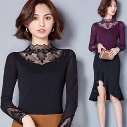 Women's Polos High Quality M-XXXXXL Women Spring Autumn Hollow Out Lace Blouses Shirts Casual Long Sleeve Patchwork Spliced Turtleneck Tops