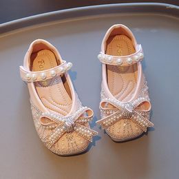 Flat Shoes Girls Leather Pearl Strap Princess Rhinestone Party Wedding Dance Bow Mary Jane Baby Children Flats 24R