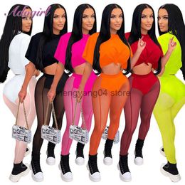 Women's Two Piece Pants Sexy Sheer Mesh Two Piece Set Women Summer Tracksuit Solid Short Sleeve Crop Tops Leggings Pants Outfit Party Club Matching Sets T230512