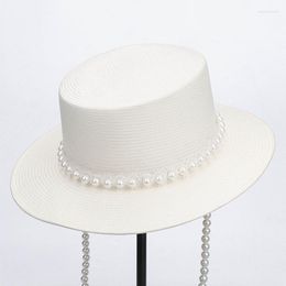 Wide Brim Hats Elegant Women's Summer Hat Pearl Chain Decoration Sun Protection Cap Female Flat Top Straw Beach