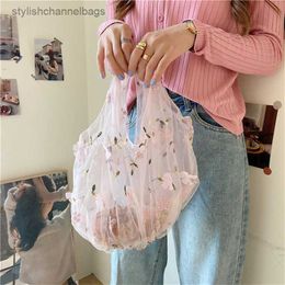 Shopping Bags Spring Sweet Mesh Embroidered Tote Bags Female Shoulder Light Clear Bags Floral High Capacity Eco Bag Purse for Girls