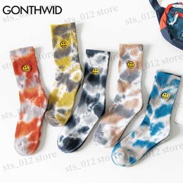 Men's Socks Streetwear Embroidery Smile Face Tie Dye Hip Hop Men Women Harajuku Fashion Casual Cotton Sock T230512