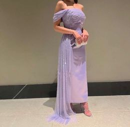 Saudi Arabia Sheath Purple Prom Party Dress One Shoulder Pleats Sequine Satin Ankle Length Women Evening Formal Gowns Robe De Soiree Customed