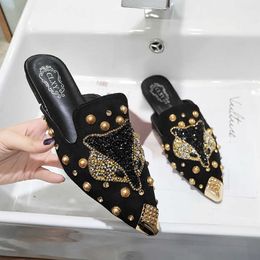 Slippers Women Shoe Fashion String-bead Pointed Rhinestone Flat Women Slippers Slip-On Mules Loafer Sandals Slides Ladies Shoes G230512