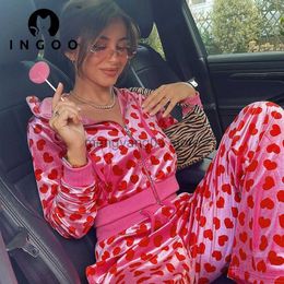 Women's Two Piece Pants INGOO Hot Girl 2 Pieces Set Y2K Love Printed Cardigan Hooded Sweater Lace-up Trousers Street Women Tracksuit Casual Outfits Suit T230512