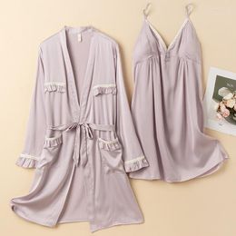 Women's Sleepwear Women's Sexy Suspender Robe Two-Piece Solid Colour Pyjamas Pocket Peplum Satin Bathrobe Lounge Wear Loose Casual Home