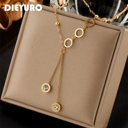 DIEYURO 316L Stainless Steel Roman Necklace For Women Luxury Designer Fashion Zircon Long Pendant Necklaces Girls Jewellery Gift