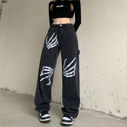 Women's Jeans Skull Pants Vintage High Waist Y2k Women's Jeans Women's Black denim Printed Trousers Pockets Casual Wide Leg Pants Street Style 230511