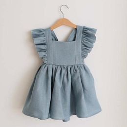 Girl Dresses 2023 France Infant Baby Girls Cotton Dress Linen Muslin Sleeveless Ruffle Decoration Fashion Clothing