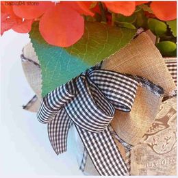 Decorative Flowers Wreaths Red geranium barrel wreath front door red geranium basket wreath black and white checkered bow simulated green plant new product T230512