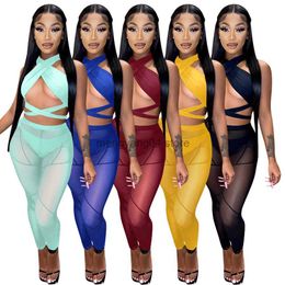 Women's Two Piece Pants Sexy Bandage Two Piece Set Women 2022 Halter Crop Top + Sheer Mesh Pants Suits Club Party Skinny Tracksuit Women Outfits Clothes T230512