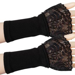 Knee Pads Half Finger Gloves With Lace Cuffs Knitted Winter Solid Color Soft Wrist Cover Cycling Office Typing Touchscreen