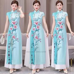 Ethnic Clothing 2023 Ao Dai Vietnam Traditional Dress Chinese Evening Cheongsam Vintage Oriental Elegant Flower Print Qipao