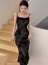 Casual Dresses Lace Black Elegant Women Dress Vintage Strap Embroidery Floral Mermaid Midi Club Gown Robe Femme Ropa Sexy Mujer Verano Vestidos 230512