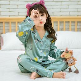 Pajamas Spring Baby Boy Girls Silk Satin Pajamas Set Long Sleeve Summer Home Clothes Button-Down Pyjamas Satin Child Printed Sleepwear 230511