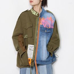 Women's Jackets Loose Denim Splicing Jacket Long Sleeve Coat Printed Drawstring Tops Korean Fashion Streetwear Sportswear