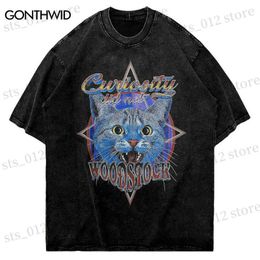 Men's T-Shirts Hip Hop Vintage T Shirt Streetwear Harajuku Cat Graphic Print Punk Gothic Washed Tshirt 2023 Men Fashion Oversize Tee Top Shirts T230512