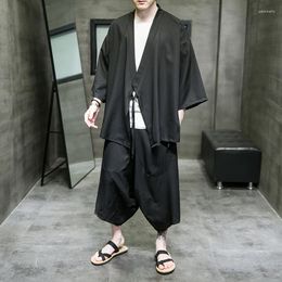 Ethnic Clothing M-5XL Plus Size Men Kimono Cardigan With Cross Pants Two Pieces Sets Plain Colour Summer Streetwear Japanese Style