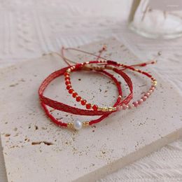Strand KKBEAD Red Slim Beads Dainty Bracelets Set Friendship Jewelry Real Pearl Handwoven Cloth Braided Bracelet For Women Boho Pulsera