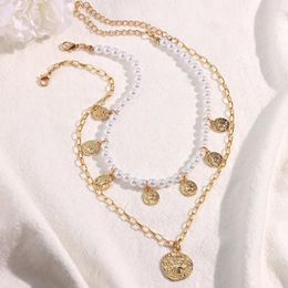 Chains Fashion Gold Colour Coin Portrait Pendant Necklace For Women Multilayer Imitation Pearls Chain Choker Boho Jewellery Gift