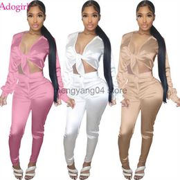 Women's Two Piece Pants Adogirl 2022 Satin Two Piece Set Lace Up Long Sleeve Shirt Crop Top Button Fly Pencil Pants Women Fashion Casual Office Suits T230512