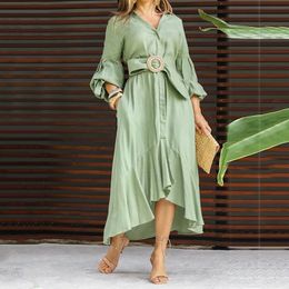 Casual Dresses Ellafads Women Maxi Dress Fashion Solid V Neck Lapel Lantern Sleeve Lace Up Nipped Waist Ruffled Irregular Dresses Streetwear 230512