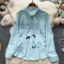 Women's Blouses Printed Blouse Women's Light Blue Shirt Women Chinese Vintage Draw Roupas Femininas Womens Tops