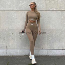 Women's Two Piece Pants 2023 Autumn Women Solid Yoga Set Basic Crop Top Sport Pants Leggings Gym Suits Long Sleeve Fitness Skinny Tee and Trousers Set T230512