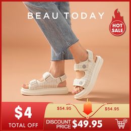 Sandals BeauToday Platform Women Lattice Round Toe Hook Loop Plaid Cloth Summer Casual Ladies Outdoor Shoes Handmade 38161 230512