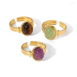 Cluster Rings 2023 Stainless Steel Ring Oval Semi-precious Stone Opening Water Proof Inoxydable Jewellery Gift