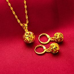 Hollow Leaf Pattern Ball Shaped Women Pendant Earrings Set 18k Yellow Gold Filled Fashion Lady Jewelry Set Gift