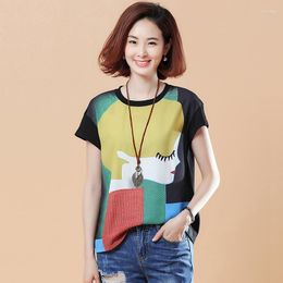 Women's T Shirts 2023 Large Size Summer Literary Short-sleeved Cotton T-shirt Female Loose Thin Round Neck Print Casual Hood