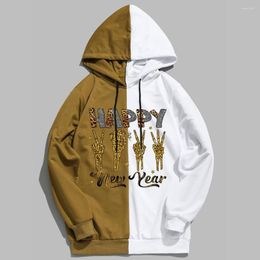 Men's Hoodies Happy Year Print Contrast Stitching Streetwear Pullovers Crewneck Clothes Vintage Unisex Harajuku Long-sleeved Sweatshirt