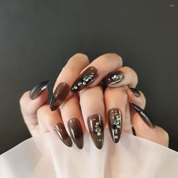 False Nails Gradient Black Nail Patch Long Pointed Head Rhinestone Decor Full Cover Women Fake Wearable Finished With Glue