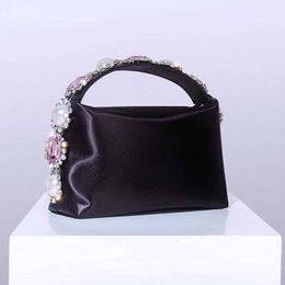 Shoulder Bags Women Rhinestone Pearl Satin Handbag with Feather 2023 Luxury Designer Chic Soft Square Clutch Purses Wedding Party High Quality 230426