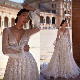 Julie Vino 2023 Vintage Wedding Dresses Boho Long Sleeve V Neck Lace Appliqued Bridal Gowns A Line Beach Vestido De Noiva