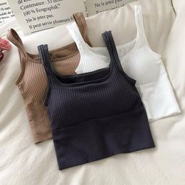 Yoga Outfit Seamless Crop Top Women Underwear Wire Free U-Shaped Camisole Wide Straps Striped Solid Bralette Lingerie One Piece Tube Tops
