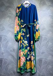 Casual Dresses 2023 Spring Long Dress High Quality Women Charming Floral Prints Belt Deco Sleeve Dark Blue Maxi Clothing