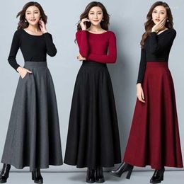 Skirts Women 2023 Autumn Winter Retro High Waist Pleated Skirt Female Casual Pocket Woolen Maxi Lady Solid A-line D35