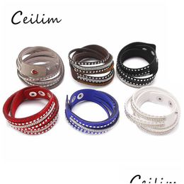 Chain 9 Colors Women Fl Rhinestone Cool Leather Wrap Wristband Cuff Punk Bracelet Bangles Fit Party Gift Winding Snap Button Dhgarden Dhzjs