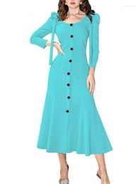 Casual Dresses Elegant Vintage Women Mid Length Dress Spring Fashion Round Neck Solid Colour Temperament High Waist Long Sleeve Vestido